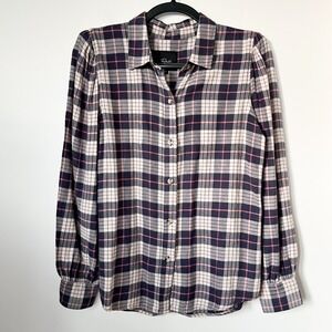 Rails Angelica Plaid Button Down Puff Sleeve Top Womens Medium Purple Pink Cream
